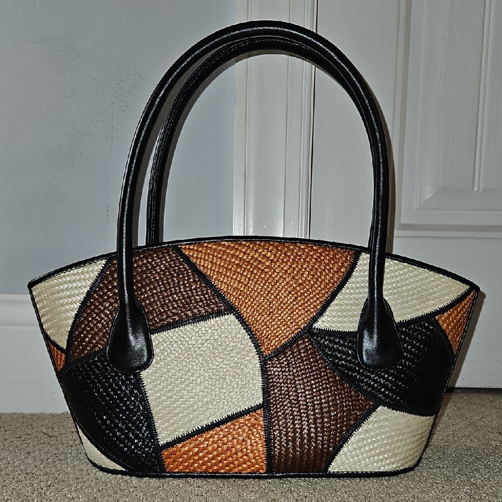 Le Sac Woven Patchwork Black and Tan Shoulder Bag